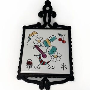 Vintage Cast Iron Trivet Ceramic Tile Japan 70’s MCM Colorful Fruit & Flowers FM